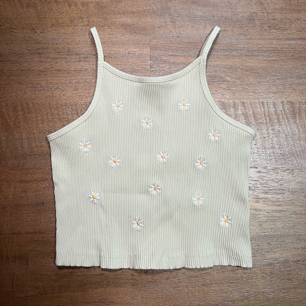 Zara Cream Ribbed Embroidered Daisy Crop Camisole